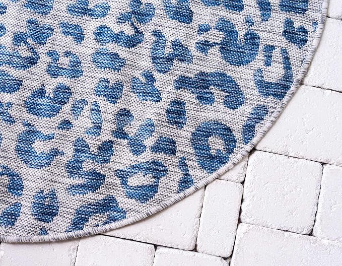 Unique Loom Outdoor Safari Collection Area Rug - Leopard (4' 1" Round, Blue/ Gray)
