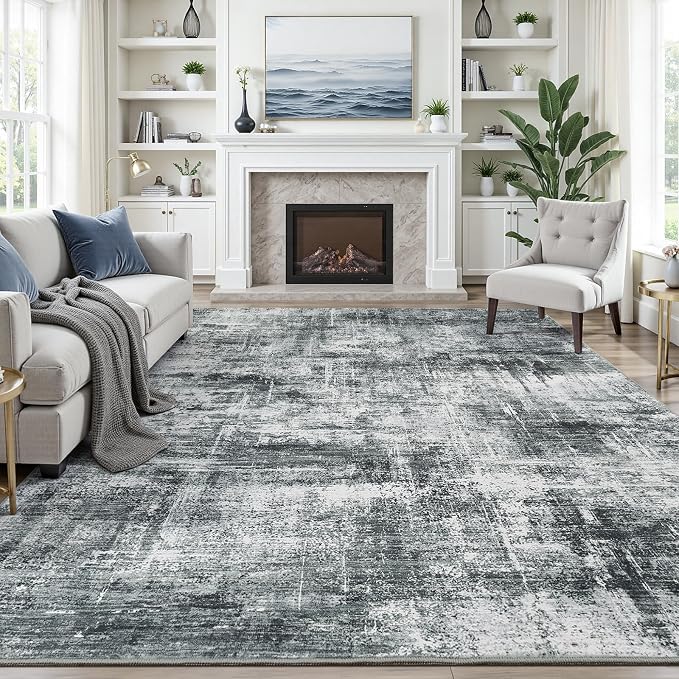 8x10 Area Rug for Living Room, Abstract Washable Non-Slip Large Rugs, Grey | Neutral Carpets for Bedroom, Dining Room, Home Office Nursery Indoor, Stain Resistant, Low Pile, Non-Shedding Modern Rug