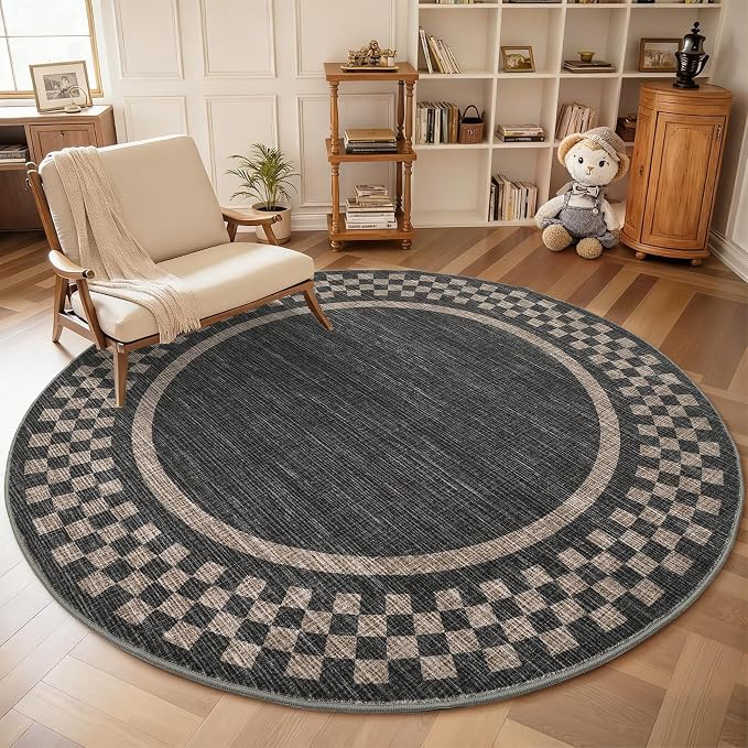 GarveeHome 6ft Washable Round Rug for Entryway Checkered Bedroom Circle Rug | Non Slip Soft Dining Room Round Throw Carpet Large Stain Resistant Border Round Rugs for Living Room Kitchen Bathroom, Black