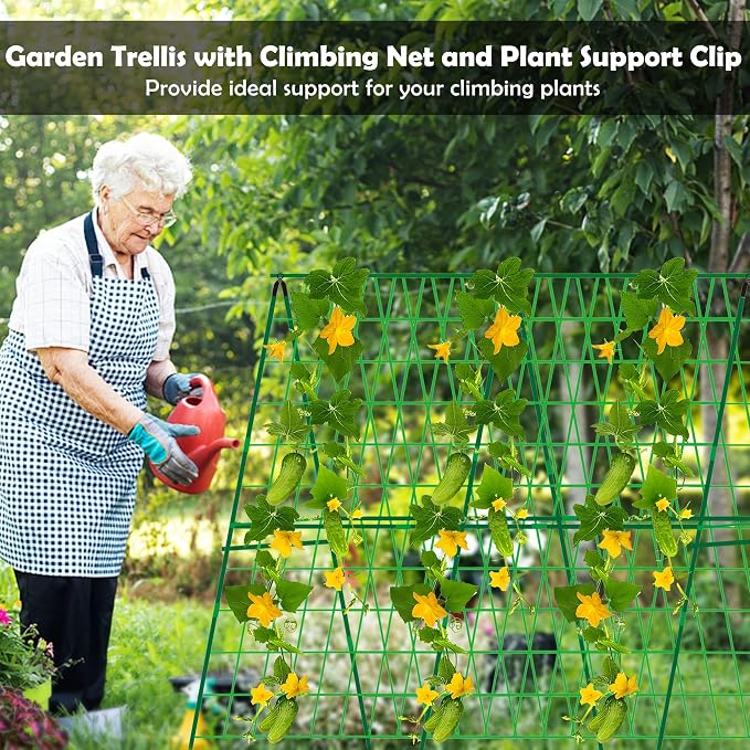 2 Packs 48" x 48" Foldable Cucumber Trellis for Raised Bed- A-Frame Garden Trellis for Climbing Plant Outdoor with Climbing Net & Plant Support Clip for Outdoor Plants Zucchini Vegetables Flowers
