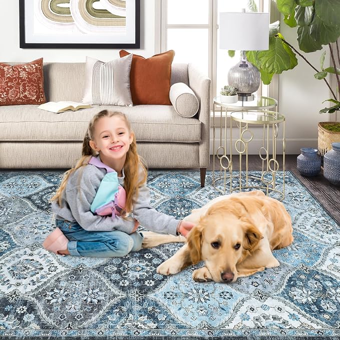 ROYHOME Washable Area Rug Moroccan Trellis Distressed Area Rugs, 3' x 5' | Stain Resistant Non-Slip Floor Carpet Vintage Medallion Accent Rug Farmhouse Floor Cover for Dining Room Bedroom, Blue/Grey