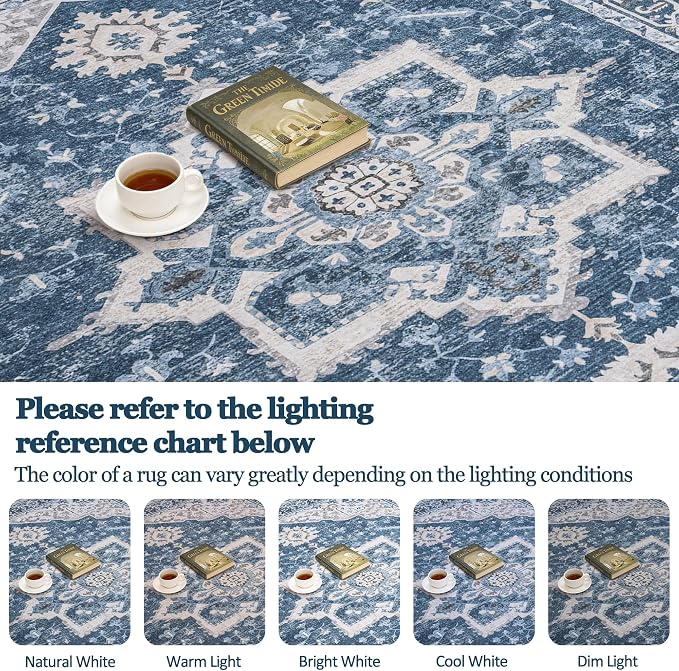6x9 Washable Area Rugs for Living Room Blue Non-Slip Rug | Vintage Medallion Rug，Soft Low Pile Large Rugs，Indoor Retro Carpet for Bedroom Nursery Dining Table Farmhouse Home Office