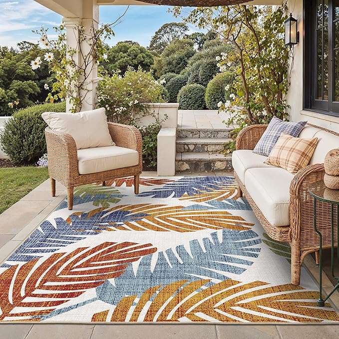 GENIMO Outdoor & Indoor Area Rug 8'x10', Waterproof, Non-Shedding, Easy Cleaning, Leaf Mat for Patio, Living Room, Balcony, Dining Room, RV, Deck, Bedroom, Camping, Outside Carpet, Tropical Rust