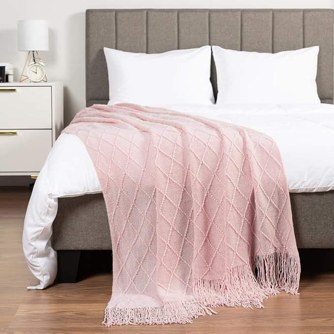 PAVILIA Light Pink Knit Throw Blanket for Couch, Twin Bed, Soft Knitted Farmhouse Sofa Throw for Living Room, Lightweight Decorative Summer Blanket for Chair, Outdoor Textured Boho Blanket, 60x80
