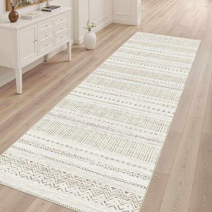 cotiled Hallway 2.6x8 Runner Rugs Washable Boho Rug Brown/Cream | Stain Resistan Indoor Carpet for Entryway Kitchen Laundry Room Bedroom