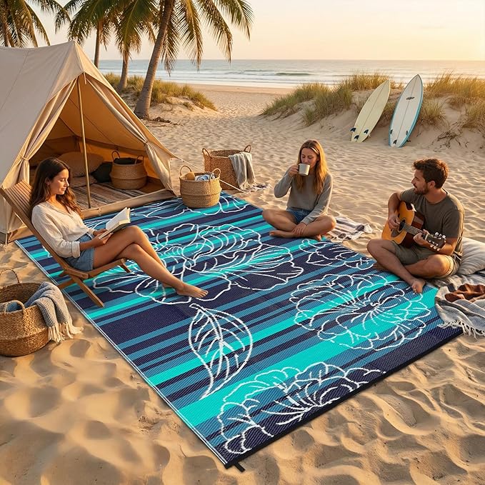 Garvee 5x8 Outdoor Waterproof Rug, Floral Outdoor Area Rug，Reversible Plastic Straw Patio Rug, Portable Camping Mat for RV, Picnic, Beach, Balcony, Garden & Camping Black&Blue