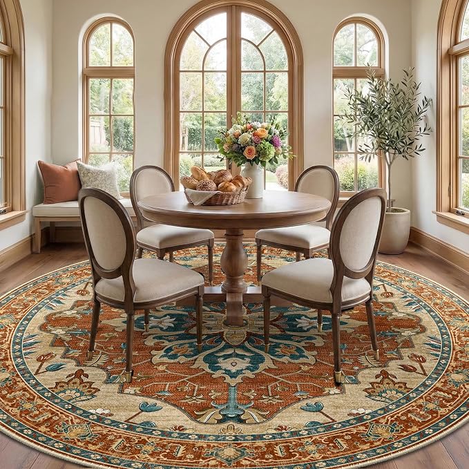 RELEANY Washable Area Rug, Round 8ft, Red/Orange/Blue/Brown | Non-Slip, Water Repellent, Pet Friendly, Easy to Clean, Vintage Floral Boho Decor for Living Room Bedroom Dining Room