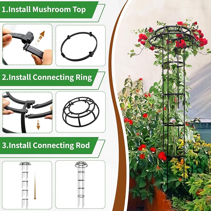 65” Garden Trellis for Climbing Plants, 2 Pack Mushroom Plant Support for Potted Plants, Outdoor Heavy-Duty Obelisk Trellis for Cucumber, Tomato, Grape, Rose, Pea, Vine, Bean, Clematis