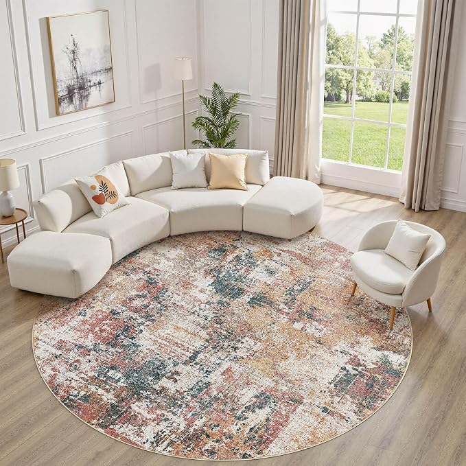 Tortania Washable 8' Round Area Rug for Living Room: Modern Abstract Neutral Large So' Thin Rugs - Non Slip Indoor Carpet for Bedroom Dining Room Office Nursery Home Floor Decoration - Colorful Multi