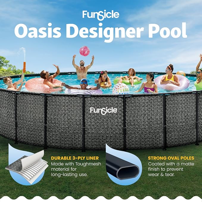 Funsicle Oasis Designer 22' x 52" Round Above Ground Swimming Pool, with CP2000-C Filter Pump, Ladder, Maintenance Kit, Cover, Ground Cloth & Repair Patch, Dark Herringbone