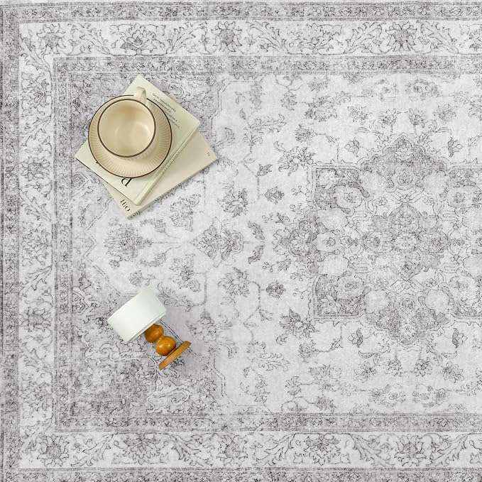 Grey 5x7 Washable Area Rug Living Room Vintage Oriental Carpet | Soft Low Pile, Non Slip, Stain Resistant, Floral Medallion, Neutral Retro Decor for Bedroom, Dining Room, Kids Room, Office