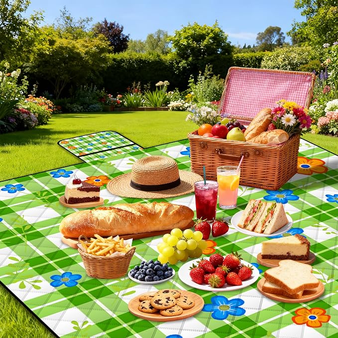 Extra Large Picnic Blanket Waterproof,80"x 80"Foldable Machine Washable Beach Blanket,Outdoor Blanket for 6-8 Adults,Suitable for Indoor Crawling,Park Beach,Camping,Hiking,Family Travel(Green)