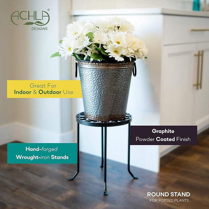 Achla Designs VTT-01 Round Trivet Wrought Iron Plant Stand, Graphite