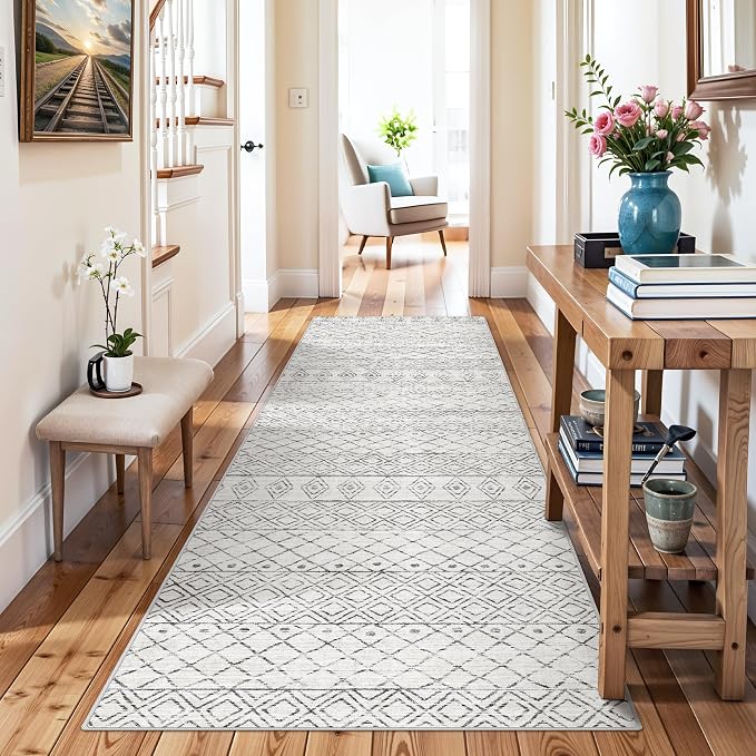 Rug Runners 2x8 for Hallway: Washable Moroccan Non Slip Rugs Geometric Grey | Kitchen Entryway Bedroom Soft Stain Resistant Easy Clean Mat for Family with Pets
