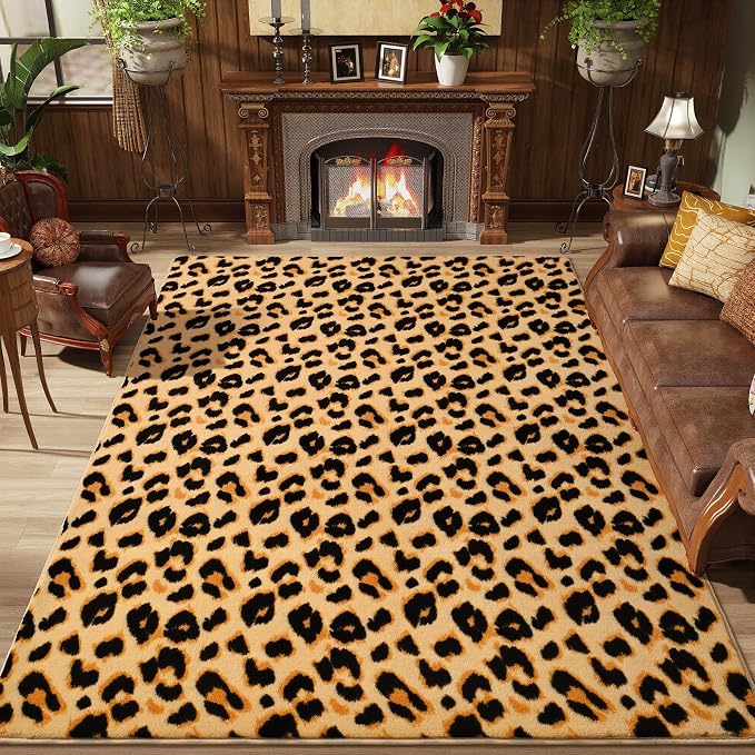 Amearea Soft Leopard Rugs for Bedroom Living Room, 3x5 Cheetah Print Rug | Fluffy Indoor Thickened Memory Foam Rug, Washable Animal Rug Carpet for Kids Boys Girls Dorm Nursery Room Home Decor, Khaki