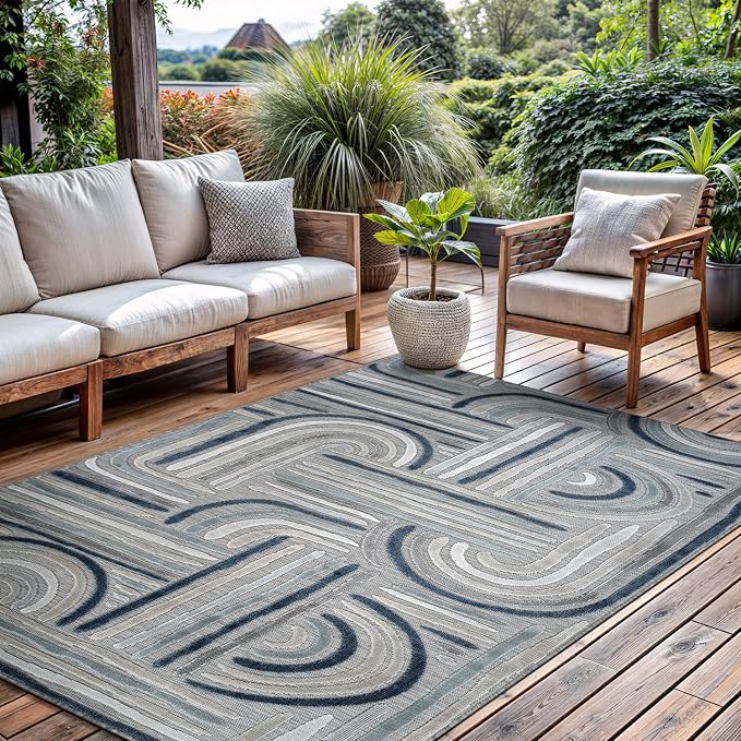 CAMILSON Indoor Outdoor Rug, Blue 6x9 Geometric Arch Striped Area Rugs for Patio and Home Areas, Easy-Cleaning Non-Shedding Living Room, Garden and Deck Washable Outside Carpet (6 x 9)
