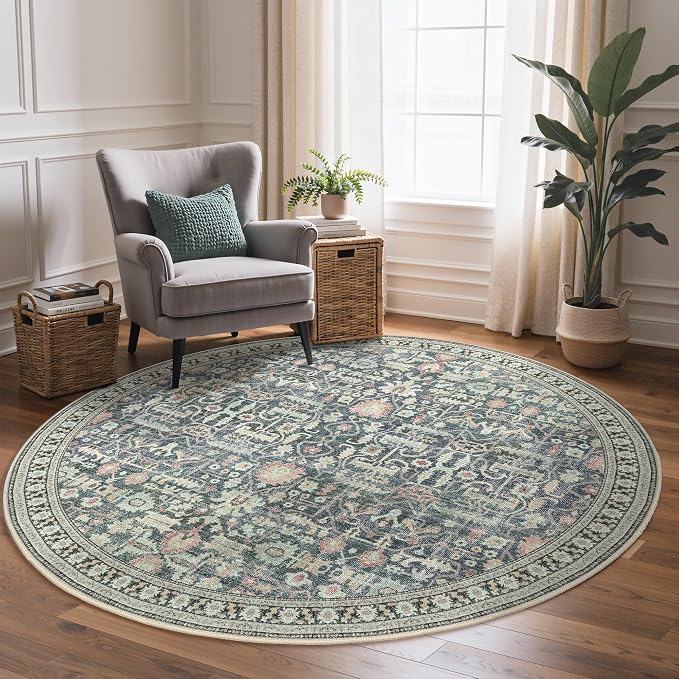 Round Rug 5ft-Machine Washable Area Rugs Non-Slip for Bedroom, 5x5 Vintage Floral Rug Distressed Throw Carpet for Living Room Nursery Kitchen Bathroom, Green/Blue