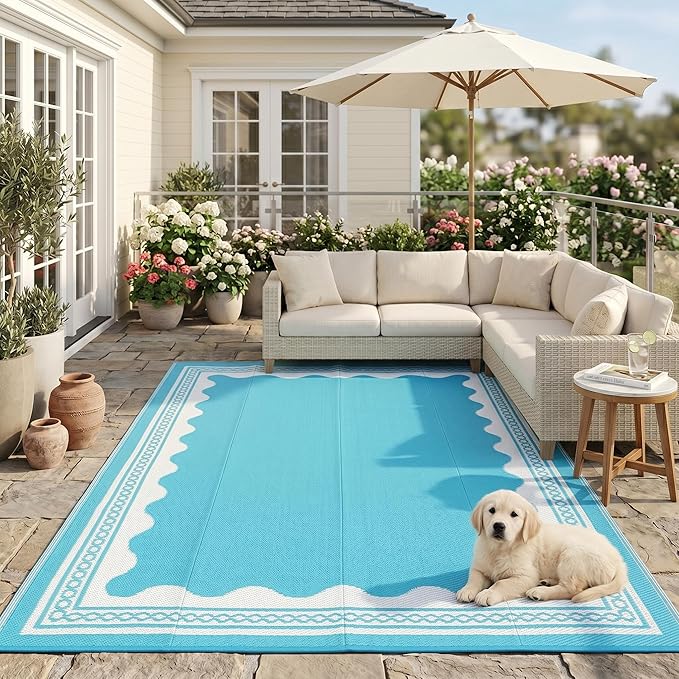 Garvee Outdoor Rug 5x8 Scalloped Waterproof Patio RV Outdoor Rugs Reversible Foldable Plastic Straw Rug Modern Camping Carpet for Deck Camper Porch Balcony Backyard Picnic Beach Light Blue