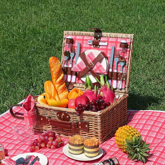 Picnic Baskets Wicker Willow Picnic Set for 4 Persons with Insulated Cooler Bag and Waterproof Pink Plaid Picnic Blanket Gift for Christmas Thanksgiving Wedding Birthday Camp Outdoor Beach Travel