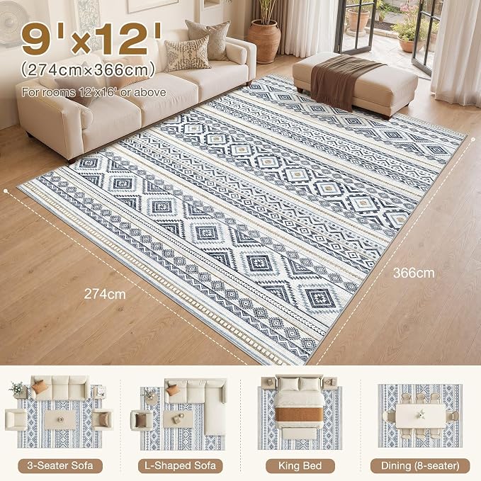 cotiled Boho 9x12 Area Rug for Living Room: Large Moroccan Washable Rug | Solve Modern Neutral Trendy Home Decor - Stain Resistan Carpet for Bedroom Farmhouse Dining Room Blue