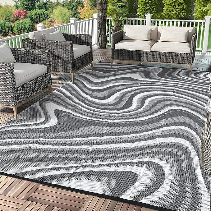 Garvee Waterproof Outdoor Rug 10x20 Large Abstract Outdoor Camping Rug with Portable Bag, Foldable Reversible Plastic Straw Rugs Modern UV Resistant Mats for Picnic Backyard RV Beach, Black Grey