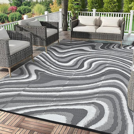Garvee Waterproof Outdoor Rug 10x20 Large Abstract Outdoor Camping Rug with Portable Bag, Foldable Reversible Plastic Straw Rugs Modern UV Resistant Mats for Picnic Backyard RV Beach, Black Grey