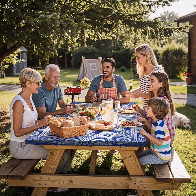 Fitted Waterproof Picnic Table Cover with Bench Covers Elastic Stain Resistant Camping Table clothes for 6Feet Rectangle Tables Outside Parties Necessities Gift Travel Trailers Trips Rv Things