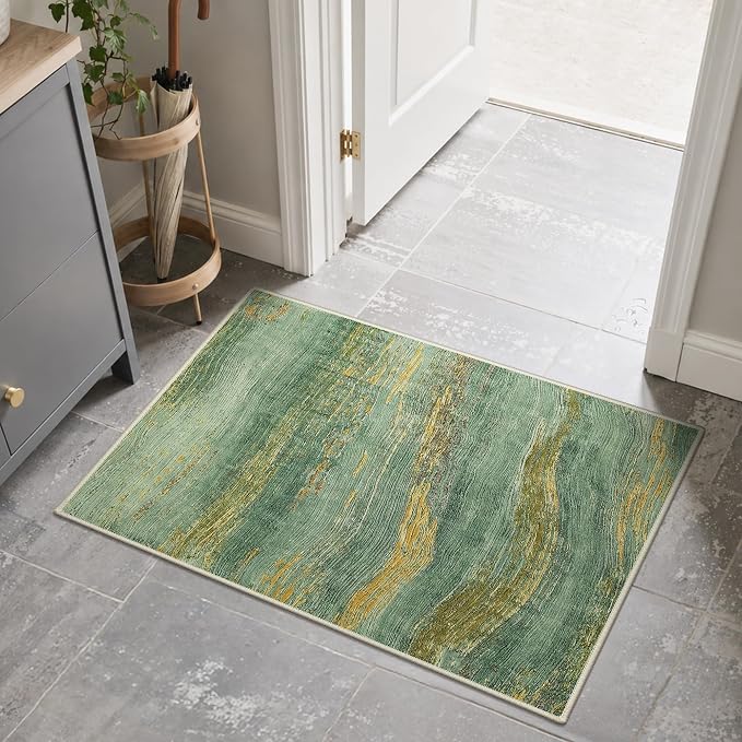 BEIMO 2x3 Washable Doormat Rug for Entryway, Wave Abstract Teal Gold | Soft Machine Washable Modern Area Rug,Streaks Pattern Non Slip Indoor Small Carpet for Entrance,Bathroom, Bedroom
