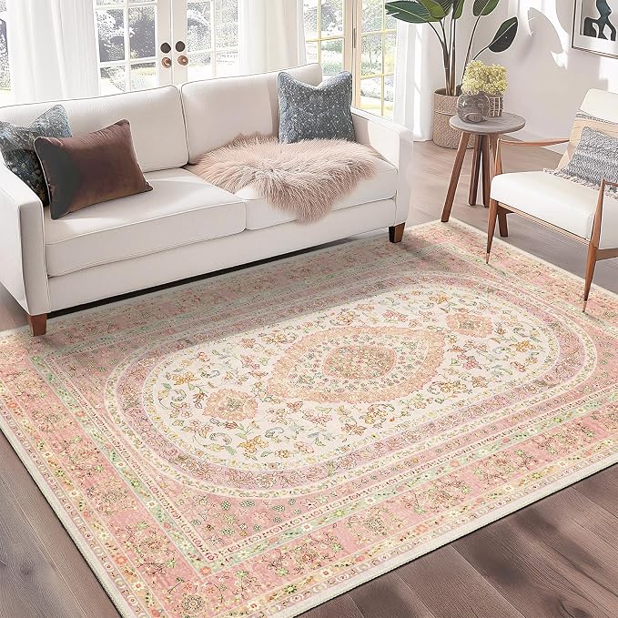 Pink Rug 3x5,Boho Washable Area Rugs for Bedroom Entryway | Small Vintage Distressed Farmhouse Non Slip Carpet for Living Room,Blush Floral