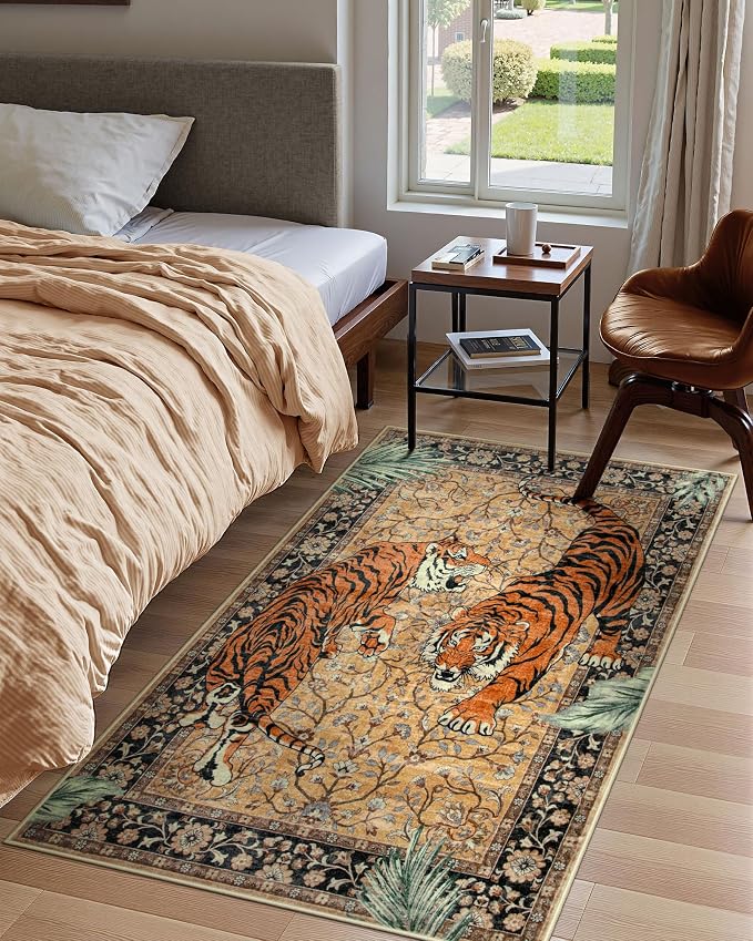 Moynesa Tiger Washable Rugs, 3x5 Entry Area Rugs, Non Slip Vintage Soft Living Room Carpet, Boho Low Pile Stain Resistant Indoor Throw Mat for Kitchen Bedroom Entrance, Camel