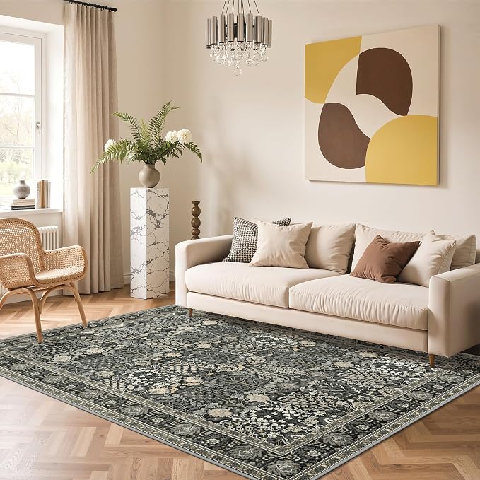 5x7 Washable Area Rug Non Slip for Living Room, Black | Ultra Thin Boho Floral Rug, Low Pile Lightweight Carpet for Bedroom, Dining Room and Home Office