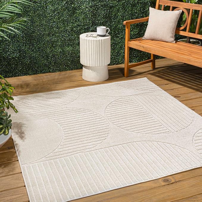 JONATHAN Y Nordby High-Low Arch Striped Ivory/Cream 7x7 Square Indoor/Outdoor Area Rug, Pet Friendly, Non-Shedding, Stain Resistant, Easy-Cleaning for Backyard, Patio (SCN104B-7SQ)
