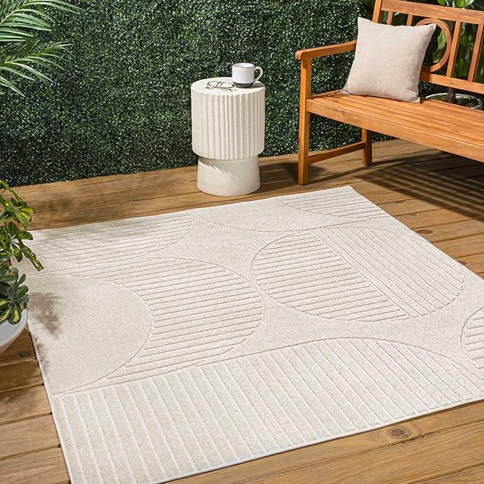JONATHAN Y Nordby High-Low Arch Striped Ivory/Cream 6x6 Square Indoor/Outdoor Area Rug, Pet Friendly, Non-Shedding, Stain Resistant, Easy-Cleaning for Backyard, Patio (SCN104B-6SQ)
