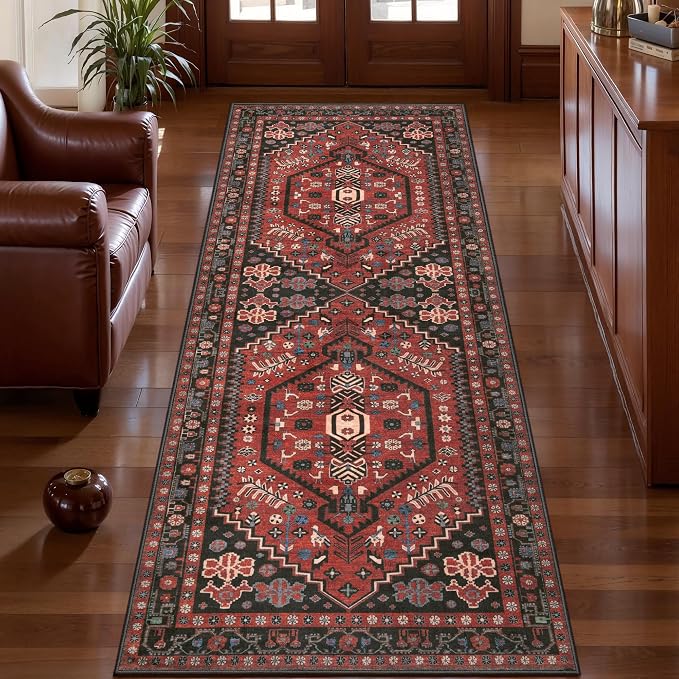 Ciicool Washable Non Slip Runner Rug,2x6ft Vintage Hallway Kitchen Rugs | Soft Oriental Indoor Red/black Boho Entry Carpet for Entrance Bedroom Bedside Living Room Laundry Bathroom Decor