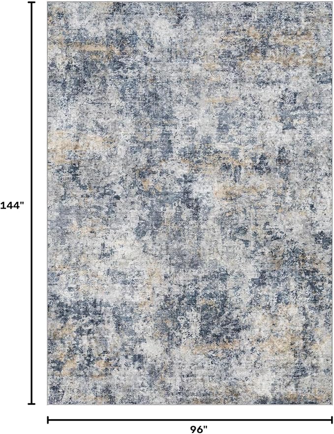 Tortania Washable 8x12 Area Rug for Living Room: Modern Abstract Neutral Large Soft Thin Rugs - Non Slip Indoor Carpet for Bedroom Dining Room Office Nursery Home Floor Decoration - Blue Grey