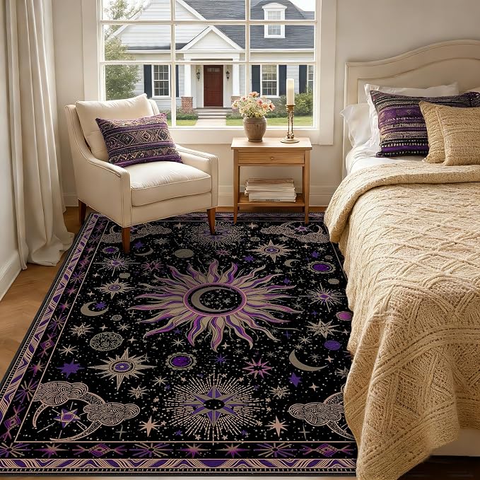 Vacuum-Friendly, 6x9 Washable Area Rug, Black Purple Beige | Sun and Moon Boho Gothic Non-Slip Low Pile Living Roon Bedroom Dining Room Kitchen Entry Entryway Entrance Hallway Doormat