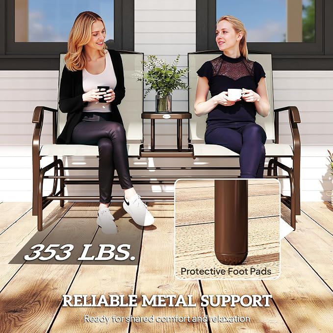 Outsunny Outdoor Glider Bench with Center Table, Metal Frame Patio Loveseat with Breathable Mesh Fabric and Armrests for Backyard Garden Porch, Beige