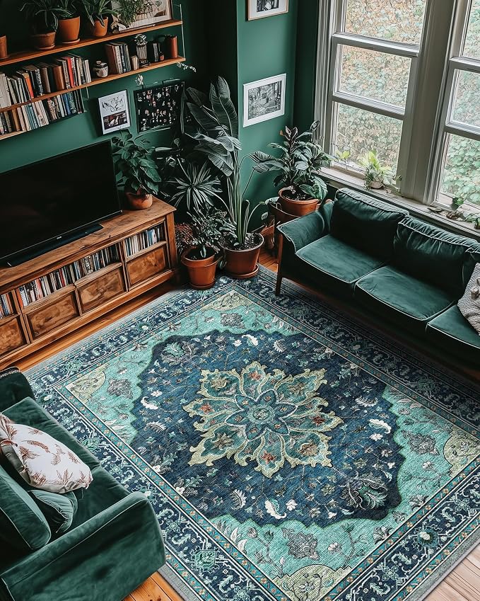 RELEANY Washable Area Rug, 8'x10', Teal | Non-Slip, Water Repellent, Pet Friendly, Easy to Clean, Vintage Floral Boho Decor for Living Room Bedroom Dining Room