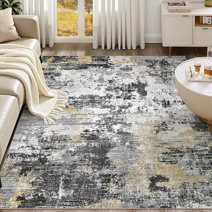 UERMEI 10x12 Area Rug for Living Room - Washable Neutral Modern Abstract Carpet, Non-Slip Soft Large Indoor Floor Rugs for Bedroom Home Office & Under Dining Table Decor, Black/White/Gold