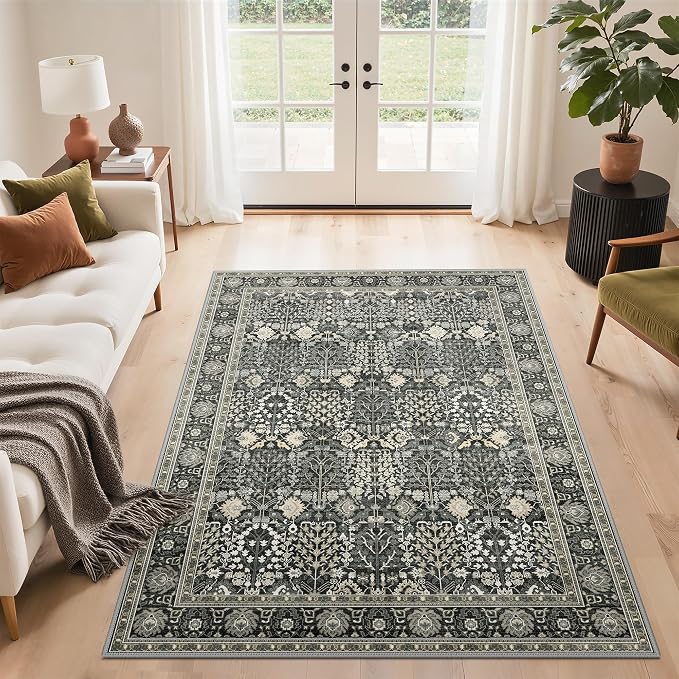 9x12 Area Rug for Living Room, Washable Low Pile, Black | Vintage Distressed Design, Spill Resistant Lightweight Non-Shedding Carpet for Bedroom, Dining Room, Office