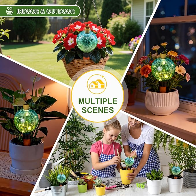 VOREEN Crackle Glass Plant Watering Globe with Terracotta Spike,Self-Watering Irrigation for Potted Plants, with Solar Accent Light for Indoor & Outdoor Décor, 17oz, Blue–Green Gradient