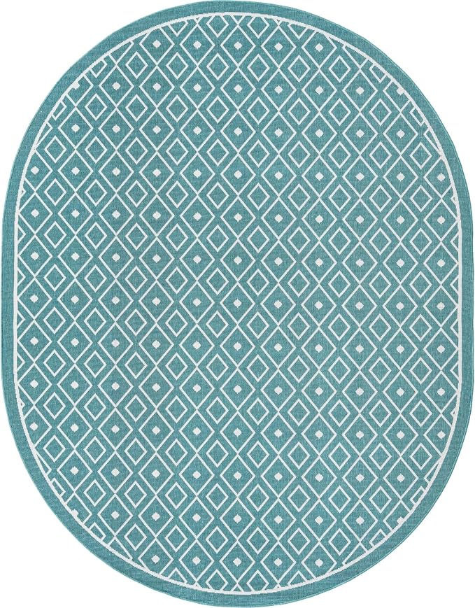 Unique Loom Outdoor Trellis Collection Area Rug - Kafes (7' 10" x 10' Oval, Teal/ Ivory)