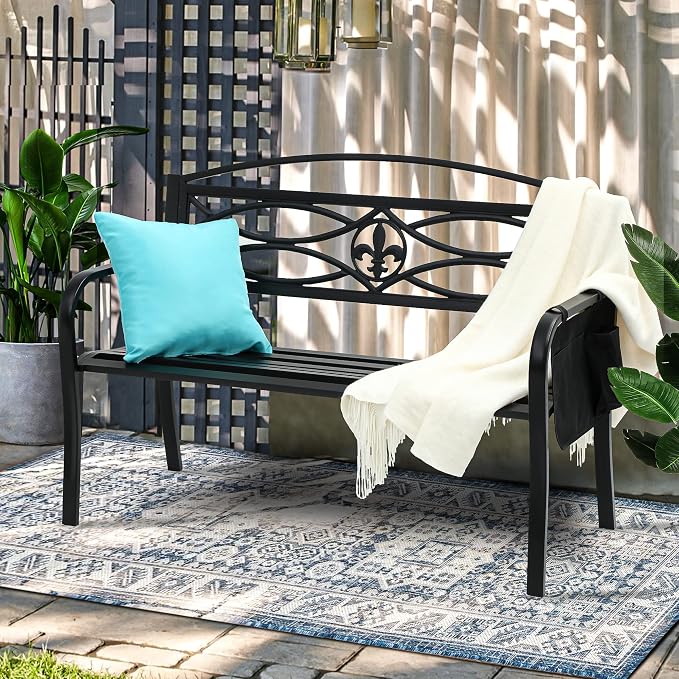 YITAHOME Outdoor Bench 50" Metal Bench with Cloth Storage Bag Spear Pattern Patio Bench with Backrest and Armrest for Porch Lawn Balcony Backyard and Indoor Black