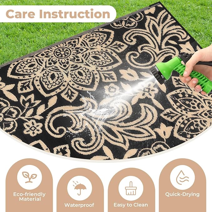 Findosom Waterproof Outdoor Rug 6' x 9' - Reversible Mandala Outdoor Plastic Straw Rug, Durable Foldable Patio Rug for RV, Deck, Balcony, Backyard, Picnic, Porch, Camping, Beach, Black