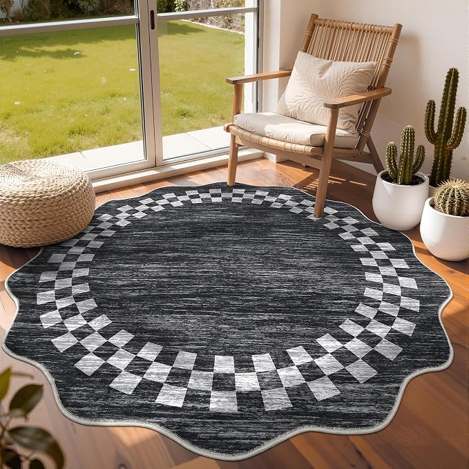 GarveeHome 6ft Washable Round Rug for Entryway Checkered Bedroom Circle Rug | Modern Non Slip Soft Dining Room Throw Carpet Large Stain Resistant Border Round Rugs for Living Room Kitchen Bathroom, Grey