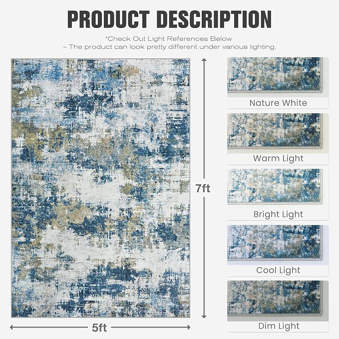 5x7 Area Rugs for Living Room: Washable Soft Blue Abstract Bedroom Carpet | Non-Slip TPE & Stain Resistant,0.25" Low-Pile,Kids Pet Friendly Modern Decor for Dining Room Farmhouse Office, Non-Shedding