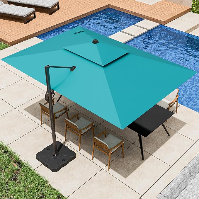 9x12FT Cantilever Patio Umbrella - Heavy Duty Double Layer Offset Design with 360° Rotation, Large Rectangle Sun Shade Umbrella for Garden, Deck, Pool, Backyard, Turquoise