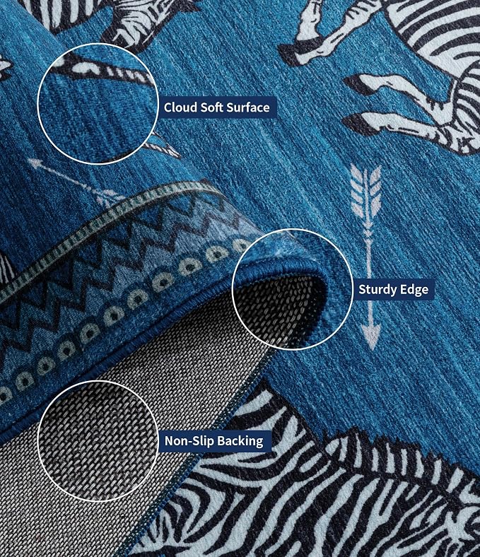 YIHOUSE Blue Zebra Area Rugs 6×9, Washable Animal Print Rug with Southwestern Border, Non-Slip Low Pile Mid-Century Modern Carpet for Living Room, Bedroom, Dining Room
