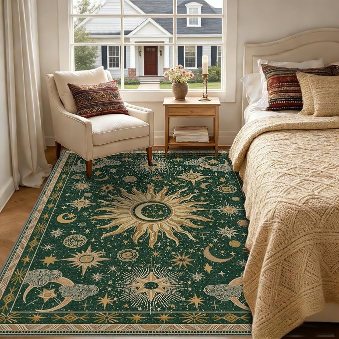 Vacuum-Friendly, 6x9 Washable Area Rug, Green Gold Yellow | Sun and Moon Boho Gothic Non-Slip Low Pile Living Roon Bedroom Dining Room Kitchen Entry Entryway Entrance Hallway Doormat