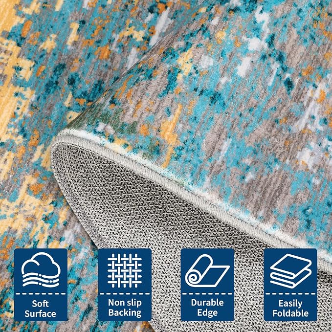 ROYHOME Modern Abstract 4x4 Round Area Rug Non Slip, Multi Color | Non Shedding Rug Low Pile Stain Resistant for Bedroom Living Room office Dining Room